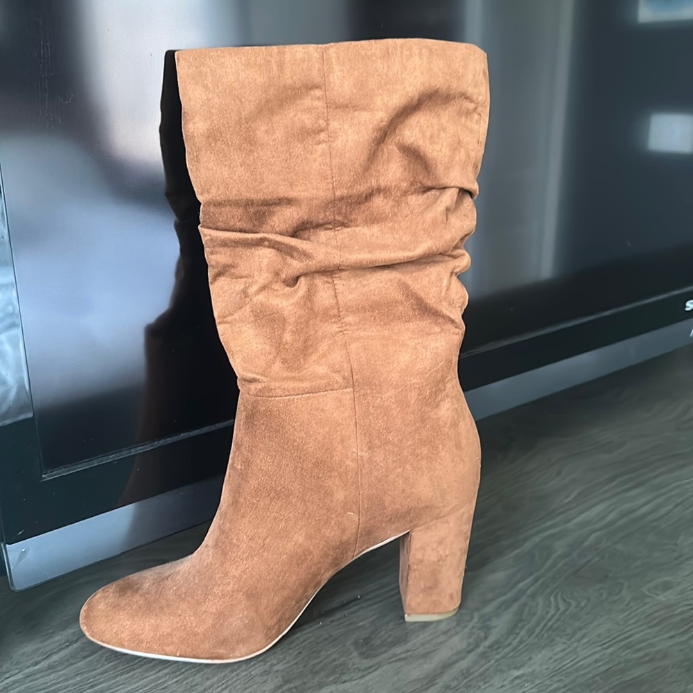 Camel color mid calf boots with a 2 1/2 inch heel